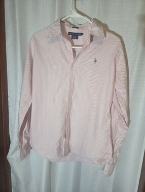 Ralph Lauren Oxford Shirt Women's Pink Pinstripe Slim Fit Button-up Size 10